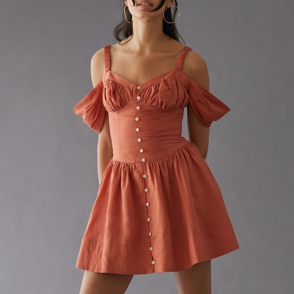 *By Anthropologie Off The Shoulder Linen Mini Dress - Picture 1 of 5